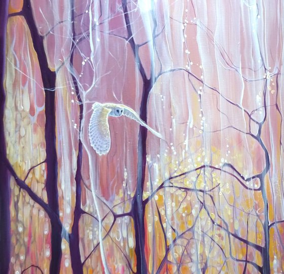 Twilight Grace - art nouveau forest sunset with white owl