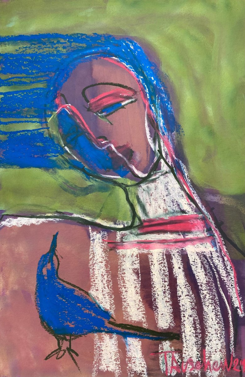 Expressive Portrait Pastel Drawing By Tatjana Auschew, 13 X 20", The Wind And The Blue Bird., Original Artwork