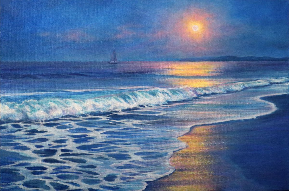 Impressionistic Landscape Acrylic Painting By Stella Dunkley, 24 X 16", Moonlight Sailing, Original Artwork