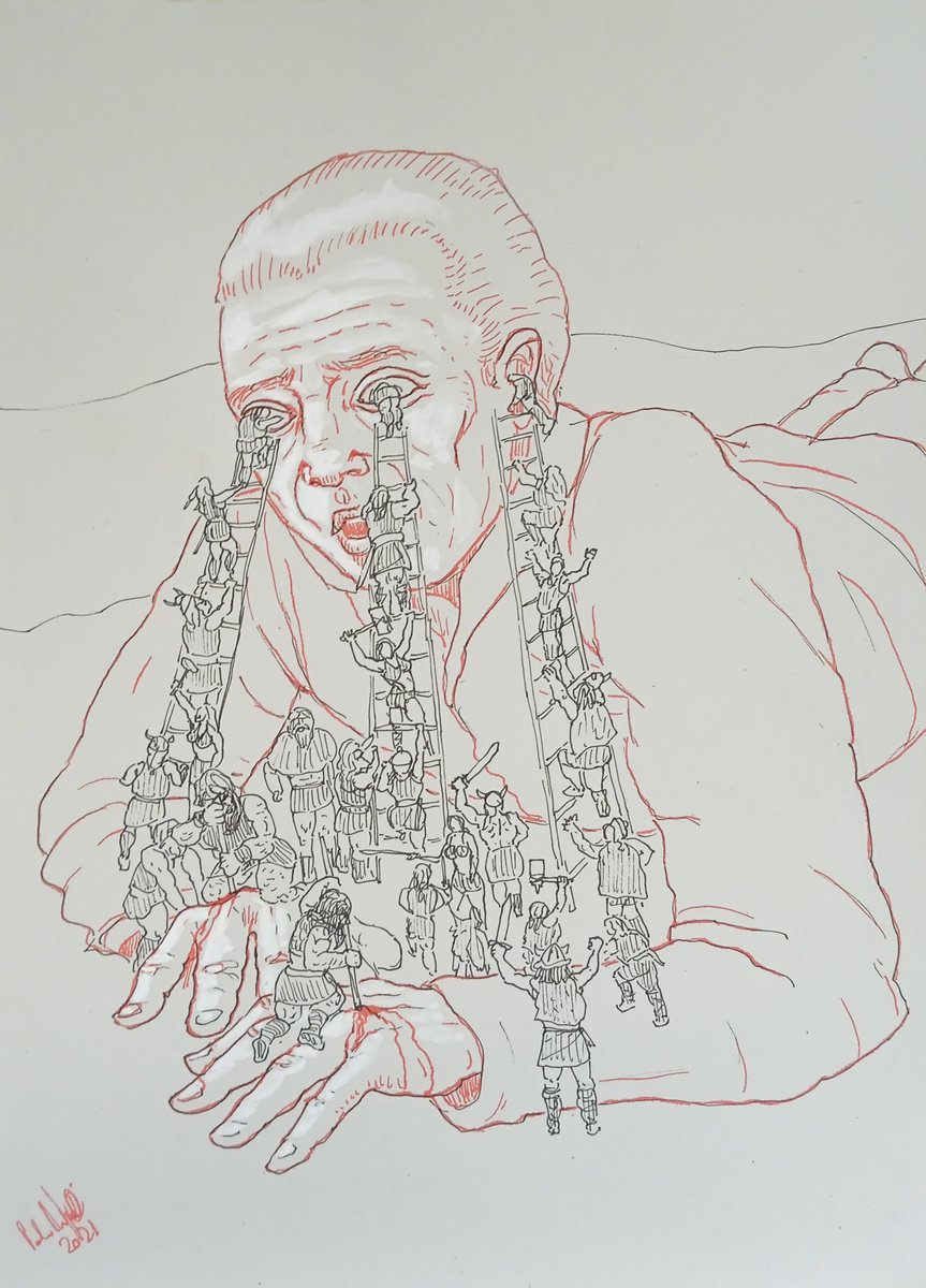 Illustrative Portrait Ink Drawing By Paolo Beneforti, 8 X 12", The Siege, Original Artwork