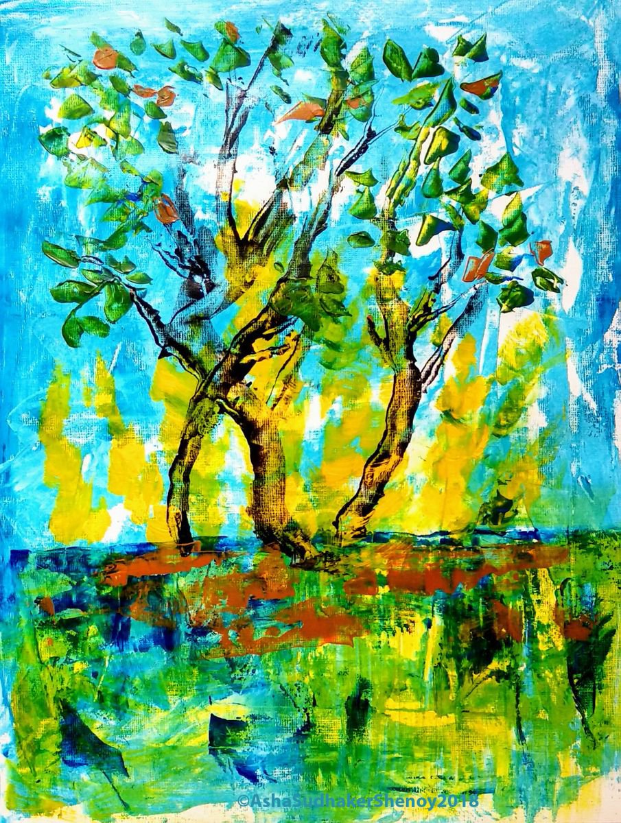 Organic Botanical Acrylic Painting By Asha Shenoy, 11 X 14, Tree Of Prosperity And Renewal, Original Artwork