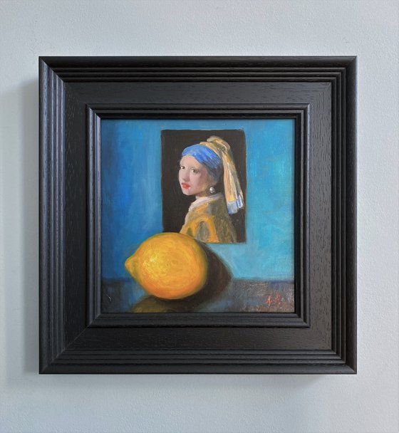 Vermeer's Girl with a Pearl Earring & a Lemon Life original oil realism painting.