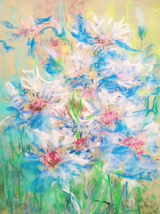 Cornflowers. Pastel drawing on beige paper.