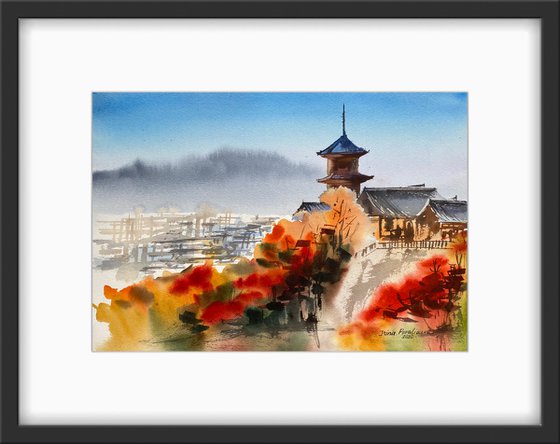 Pagodas against mountains, original watercolor painting medium size, on paper blue and orange