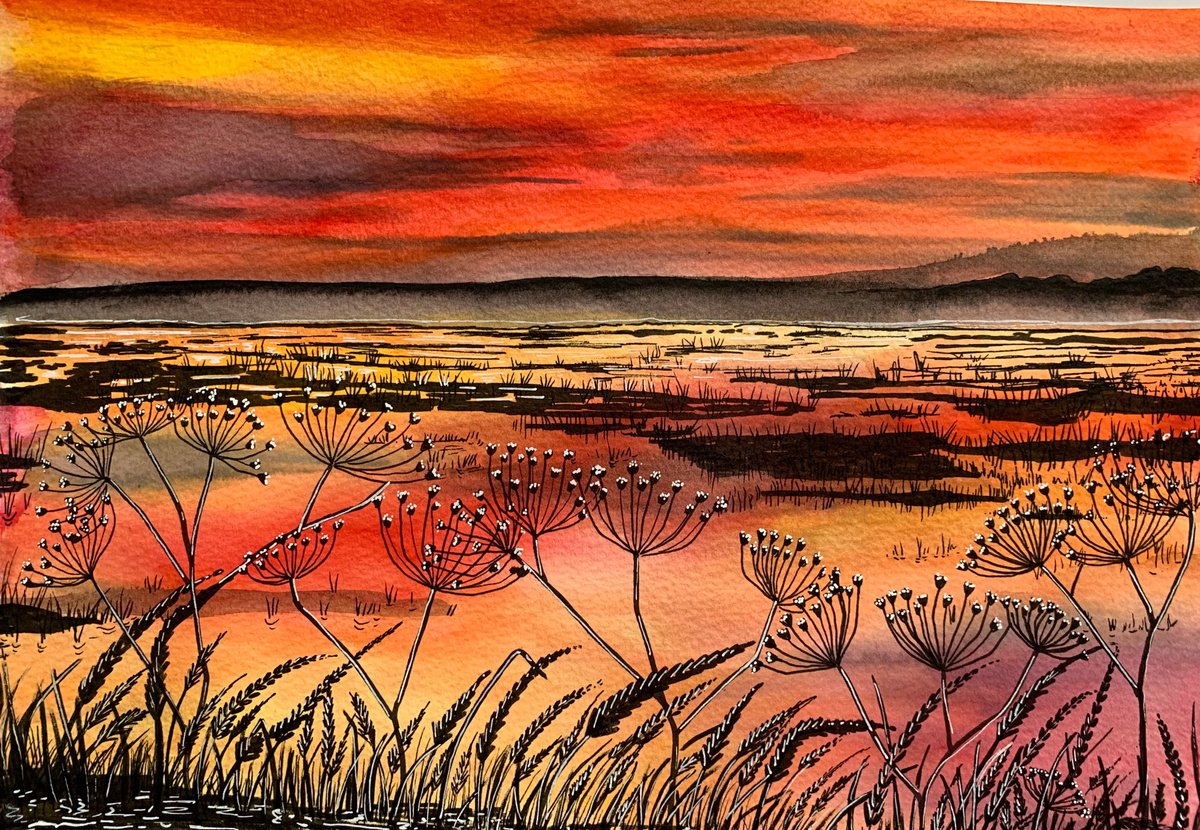 Illustrative Painting , Last Light Over The Marsh By Karen Elaine Evans, 17 X 12, Artwork For Sale On Artfinder