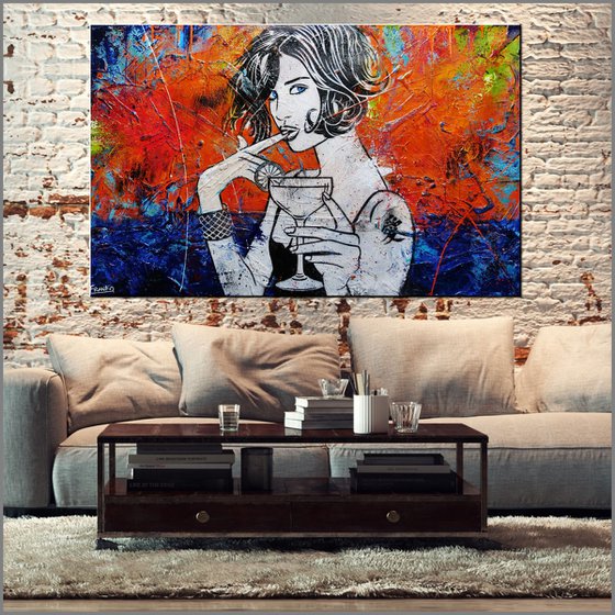 Blue Cocktails 160cm x 100cm Cocktail Girl Textured Urban Pop Art