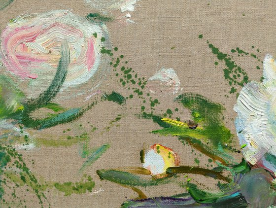 White peonies on linen background