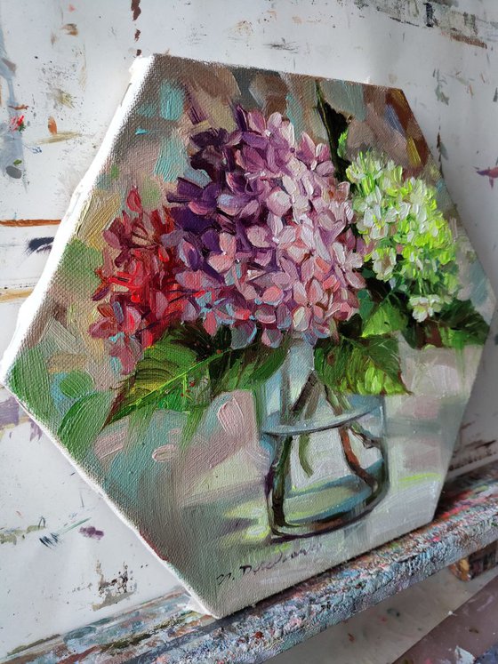 Hexagon oil painting hydrangea, Flowers painting original canvas art, Purple yellow Hortense in glass, Floral artwork oil