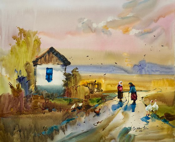 Watercolor “Neighbors talk. Twilight ", perfect gift