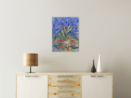 Blue irises and lily