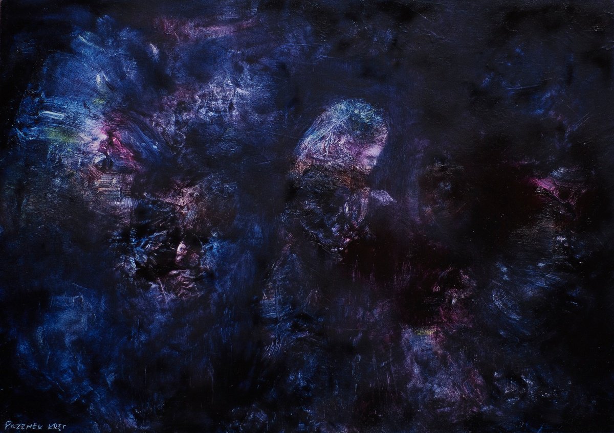 Surrealistic Portrait Oil Painting By Przemek Kret, 14 X 11", Neon Light Samadhi, Original Artwork