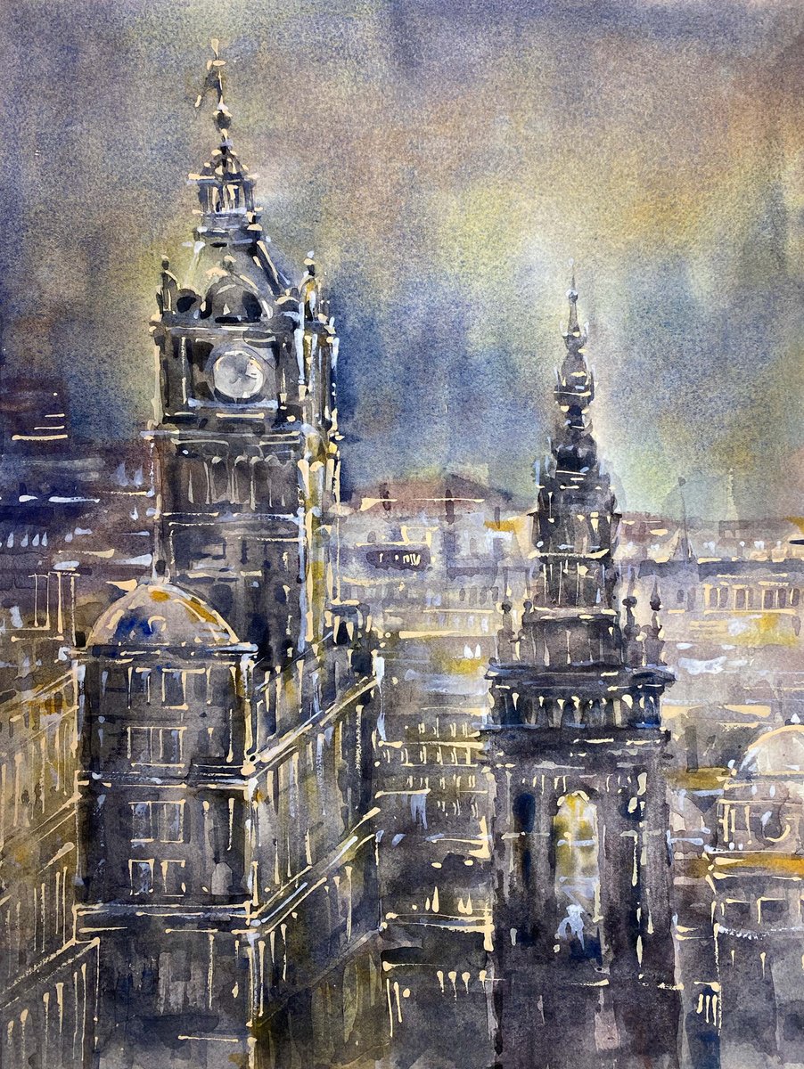 Edinburgh. Night Princess Street. One of a kind, original painting, handmad work, gift, wa... by Galina Poloz