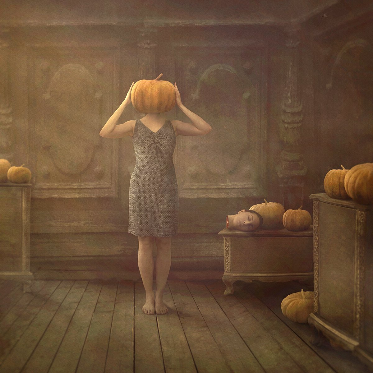 Surrealistic Portrait Photograph By Nikolina Petolas, 33 X 33", Pumpkinhead, Original Artwork