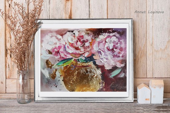 Floral Painting, Peonies painting on paper, Flowers oil art