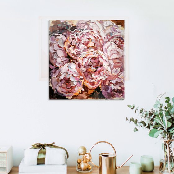 Peonies painting, miniature