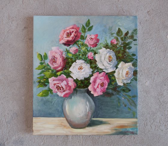 Roses. Oil painting. Floral still life. 14 x 16in.