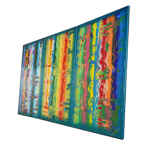 Rainbow A831 Large abstract paintings Palette knife 100x150x2 cm set of 3 original abstract acrylic paintings on stretched canvas
