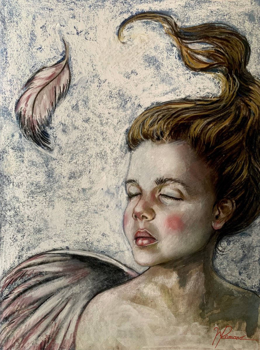 Expressive Portrait Pastel Drawing By Maria Romano, 12 X 16", The Pink Angel, Original Artwork