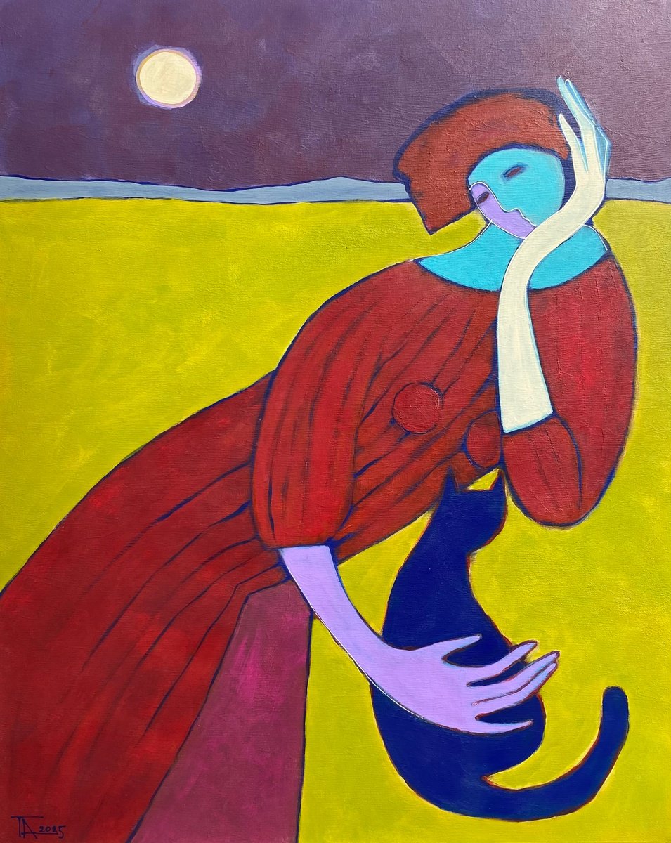 Expressive Portrait Acrylic Painting By Tatjana Auschew, 31 X 39", With A Cat And In A Red Dress., Original Artwork