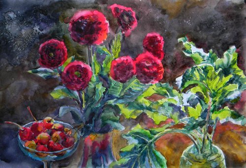 Red Dahlias by Liudmyla Chemodanova