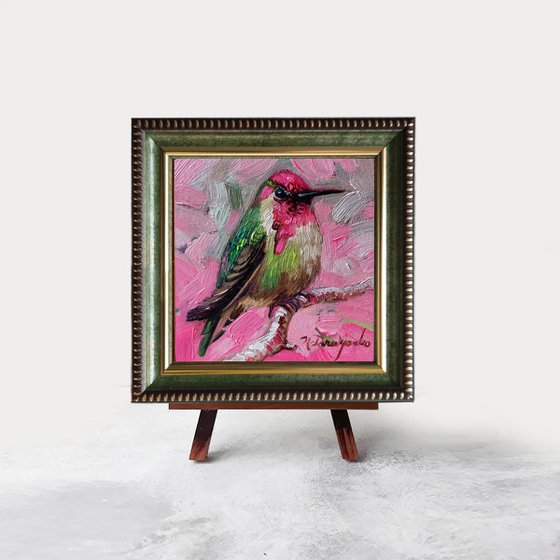 Tiny art Hummingbird painting original 4x4, Pink artwork bird lover gift, Nurse best friend gift