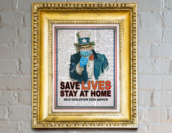 Save Lives, Stay at Home - Collage Art Print on Large Real English Dictionary Vintage Book Page