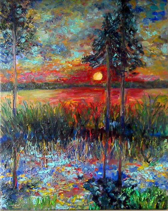 Sunset Oil on Canvas,Colorful Landscape Painting,Atmospheric Art,Farmhouse Bright Decor,Blush Sunlight in Magic Forest,Textured Brushstroke