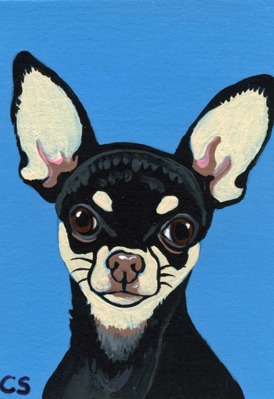 ACEO ATC Original Miniature Painting Black Chihuahua Pet Dog Art-Carla Smale