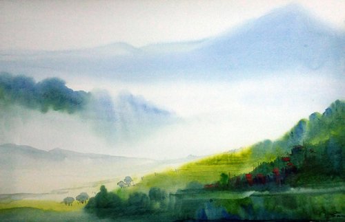 Morning Himalaya - Watercolor on Paper by Samiran Sarkar