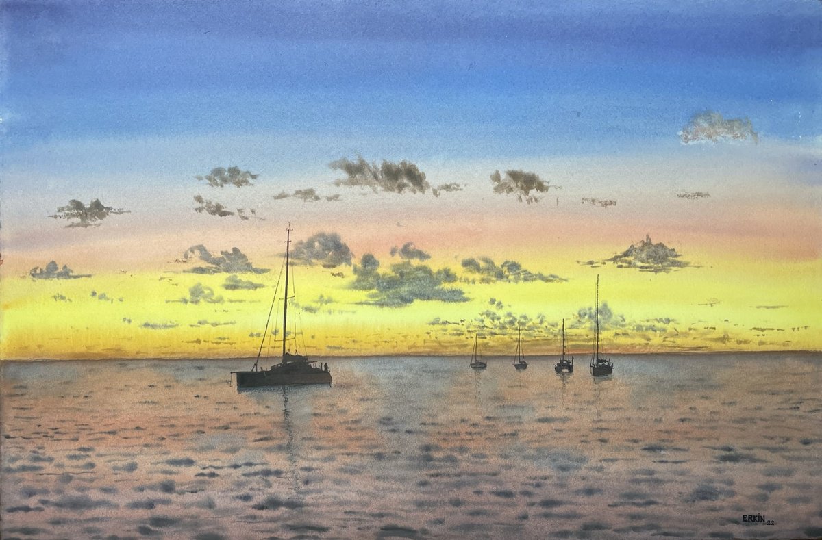 Sailboats at Sunset. by Erkin Yilmaz
