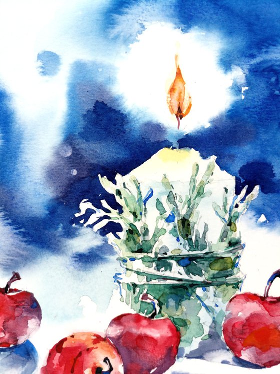 "Decorated Christmas candle" original watercolor artwork