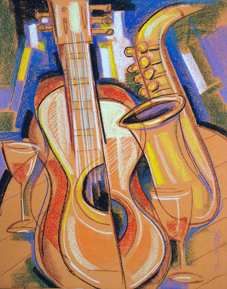 Expressive Still Life Pastel Drawing By Rumen Sazdov, 16 X 20", After The Concert, Original Artwork