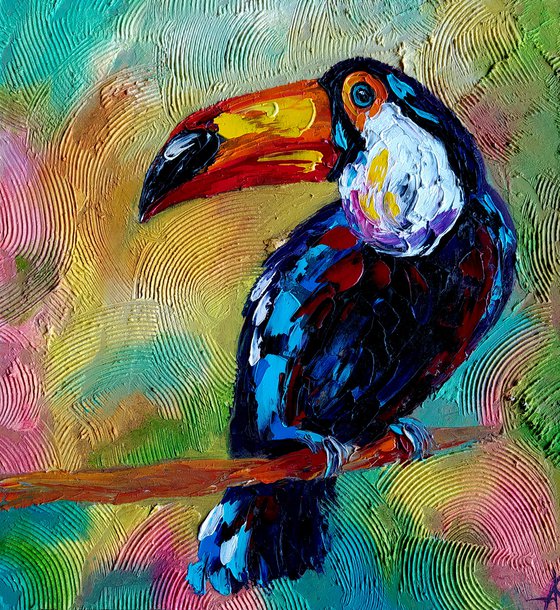 Surrounded by bright colors - toucan oil painting, birds, toucan, animals, bird, birds oil painting