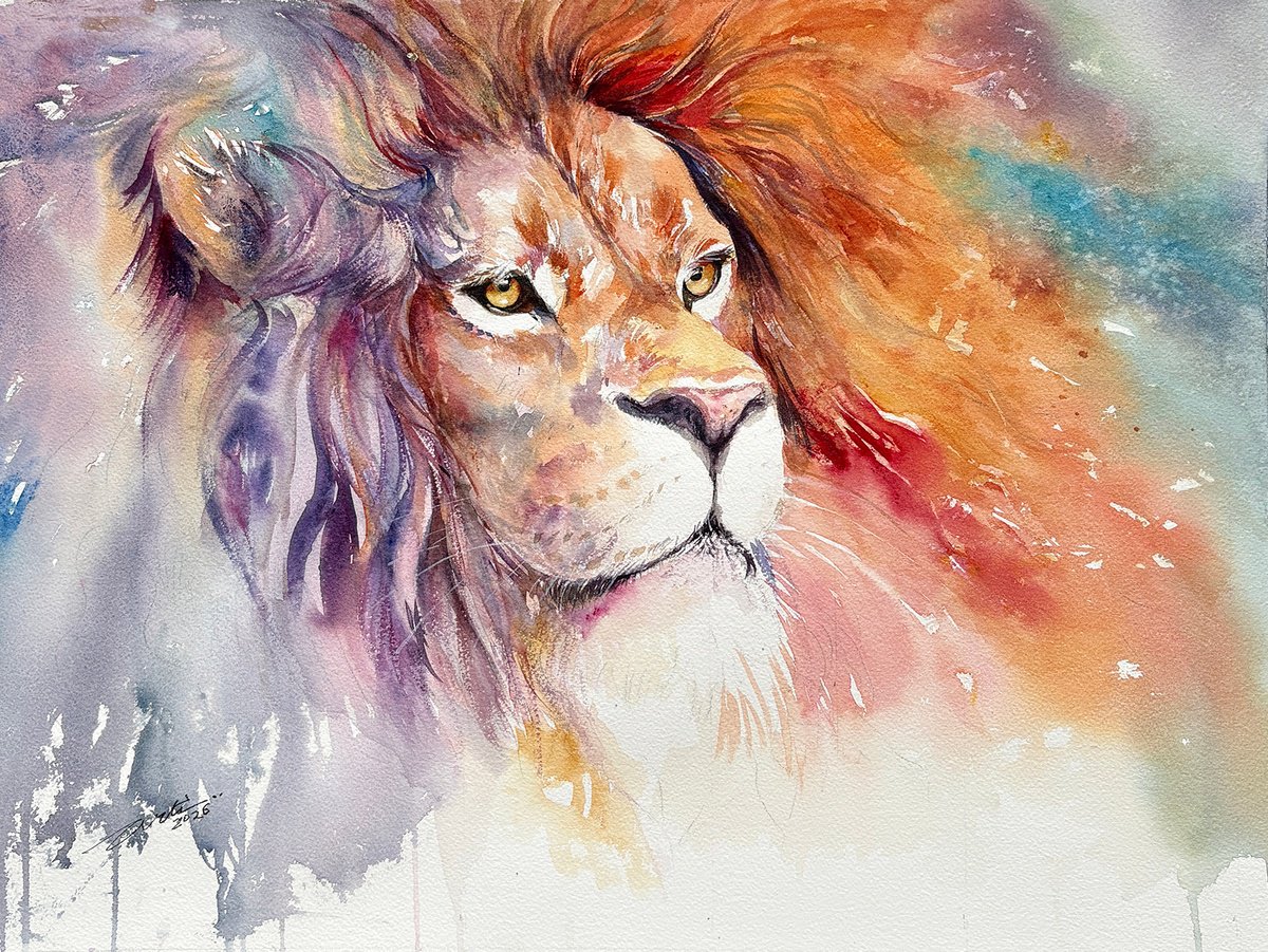 Impressionistic Watercolour , The Purple Mane_Lion By Arti Chauhan, 18 X 14, Artwork For Sale On Artfinder