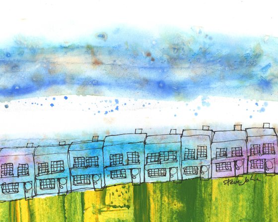 Terraced houses with watercolour washes. Continuous Line Artwork