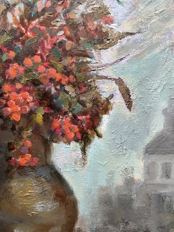 Rowan berries still life original oil painting Ukrainian artwork