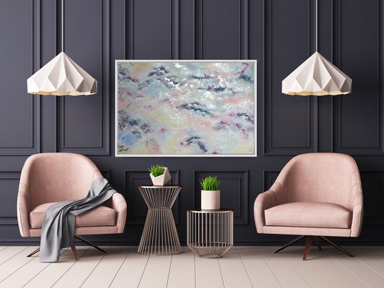 "Somewhere above the clouds" Pastel Abstract Large Painting with Silver Leaf Light Large Artwork 90×60cm