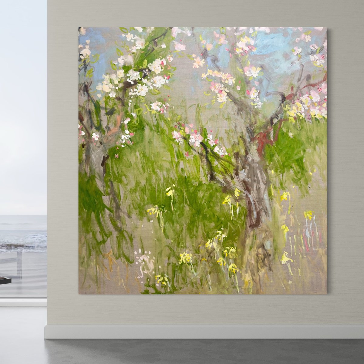 Expressive Landscape Oil Painting By Lilia Orlova-Holmes, 59 X 63", Spring Day, Original Artwork