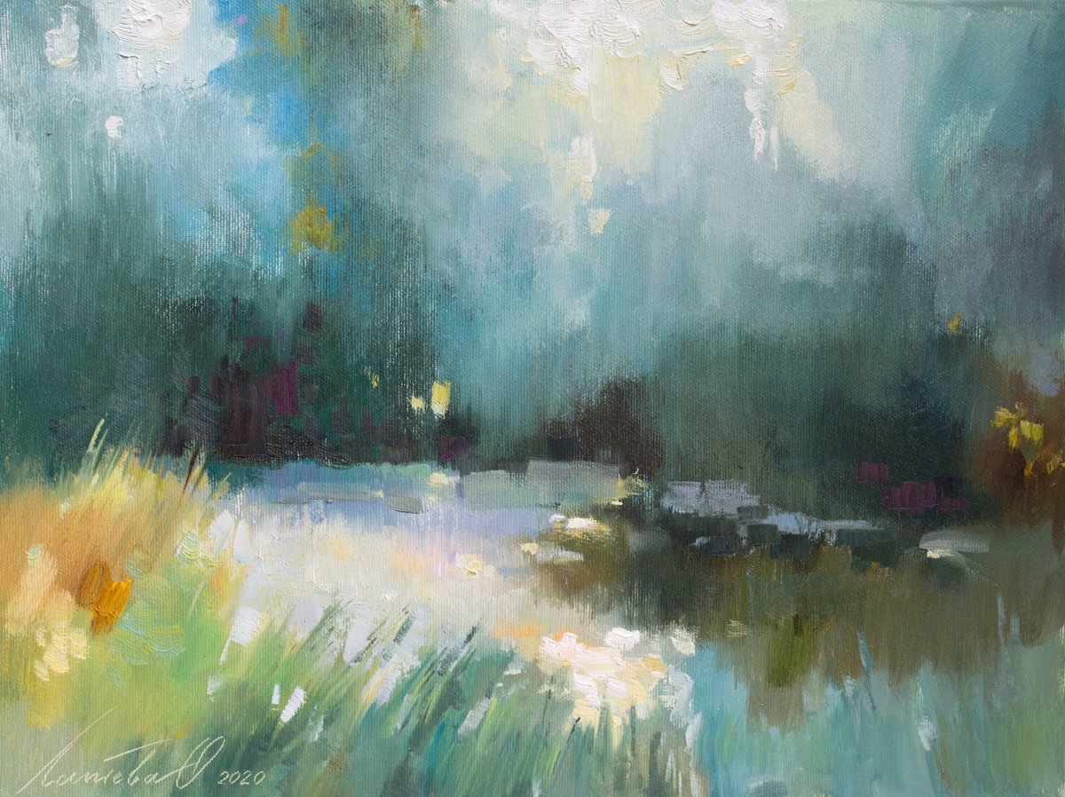 Abstract Landscape Oil Painting By Olha Laptieva, 16 X 12", Morning Sunbeam, Original Artwork