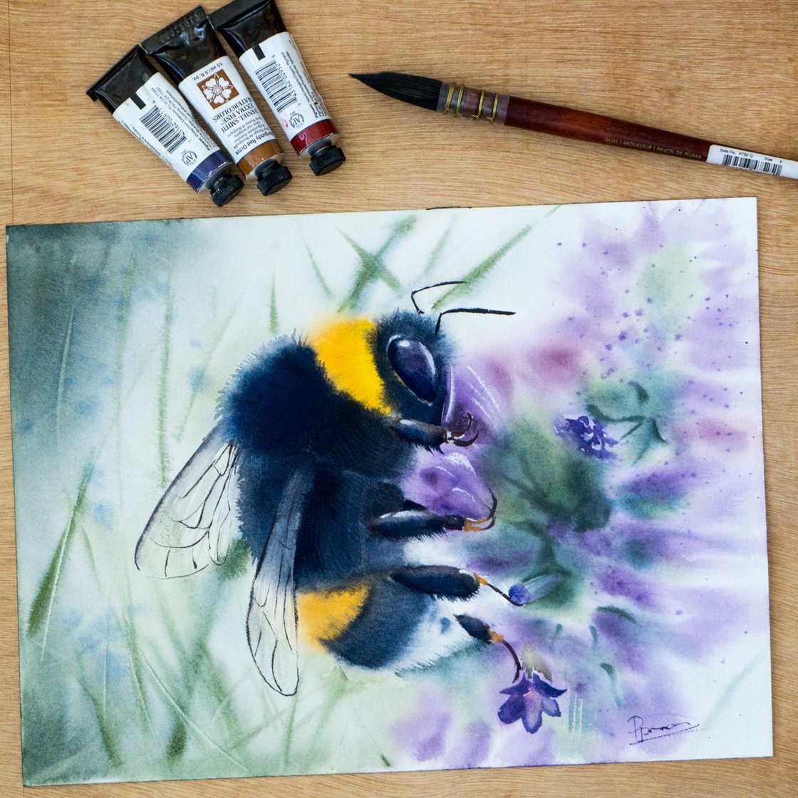 How to Paint a Bumblebee in Gouache on Black Watercolor Paper