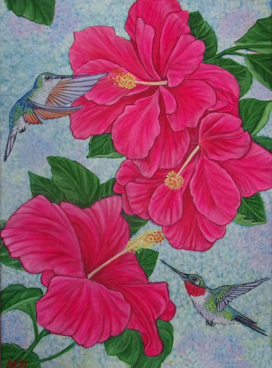 Hummingbirds and Hibiscus flowers by Sofya Mikeworth