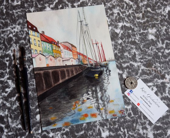 Denmark watercolor painting Harbour Nyhavn with ships in rainy Copenhagen