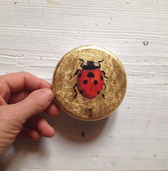 My Tiny Golden Ladybug Oil Painting on Round Lacquered Golden Leaf Canvas Frame