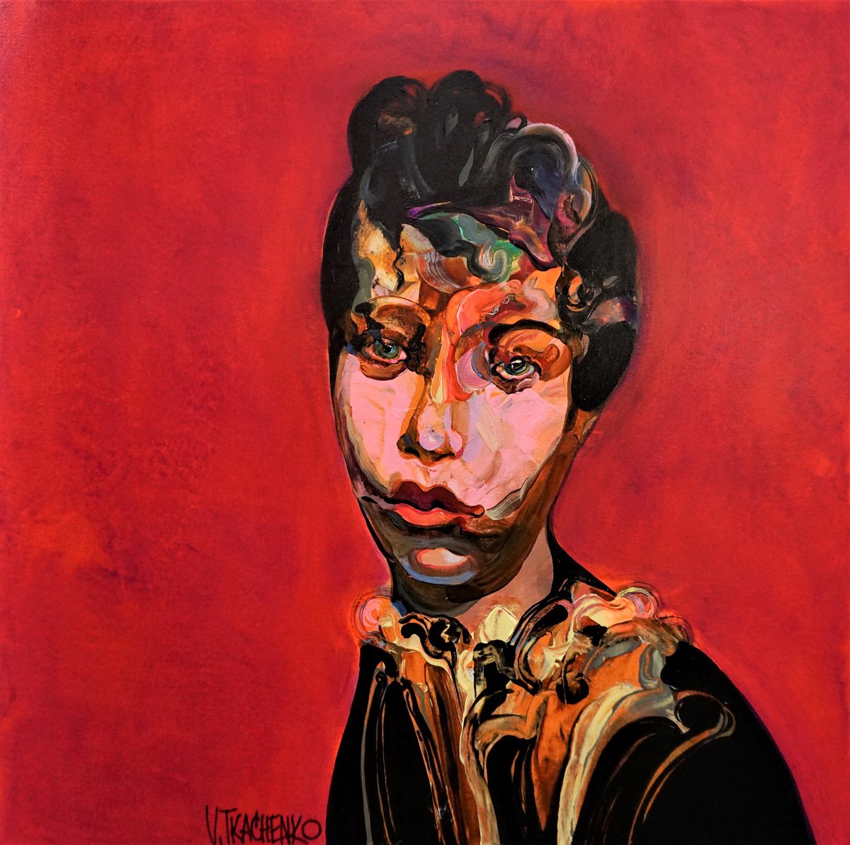 Organic Portrait Acrylic Painting By Victor Tkachenko, 24 X 24", Pensive, Original Artwork