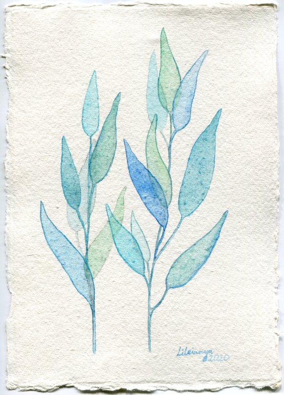 Original watercolor artwork of blue herbs on handmade cotton paper with rough edge