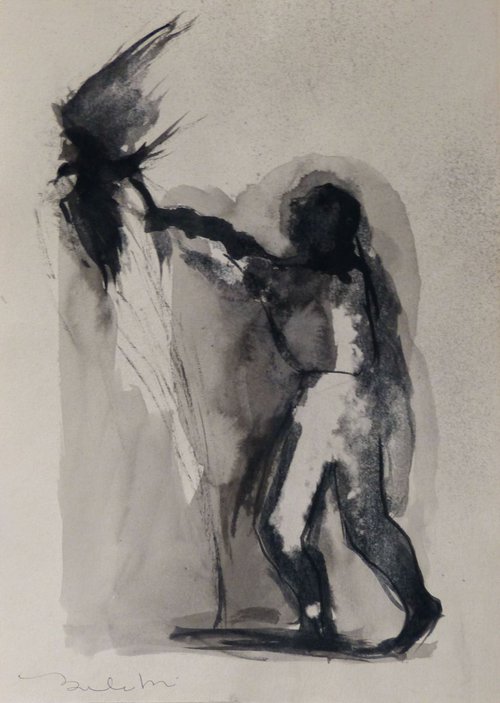 Catching the bird 1, ink on paper 21x29 cm by Frederic Belaubre