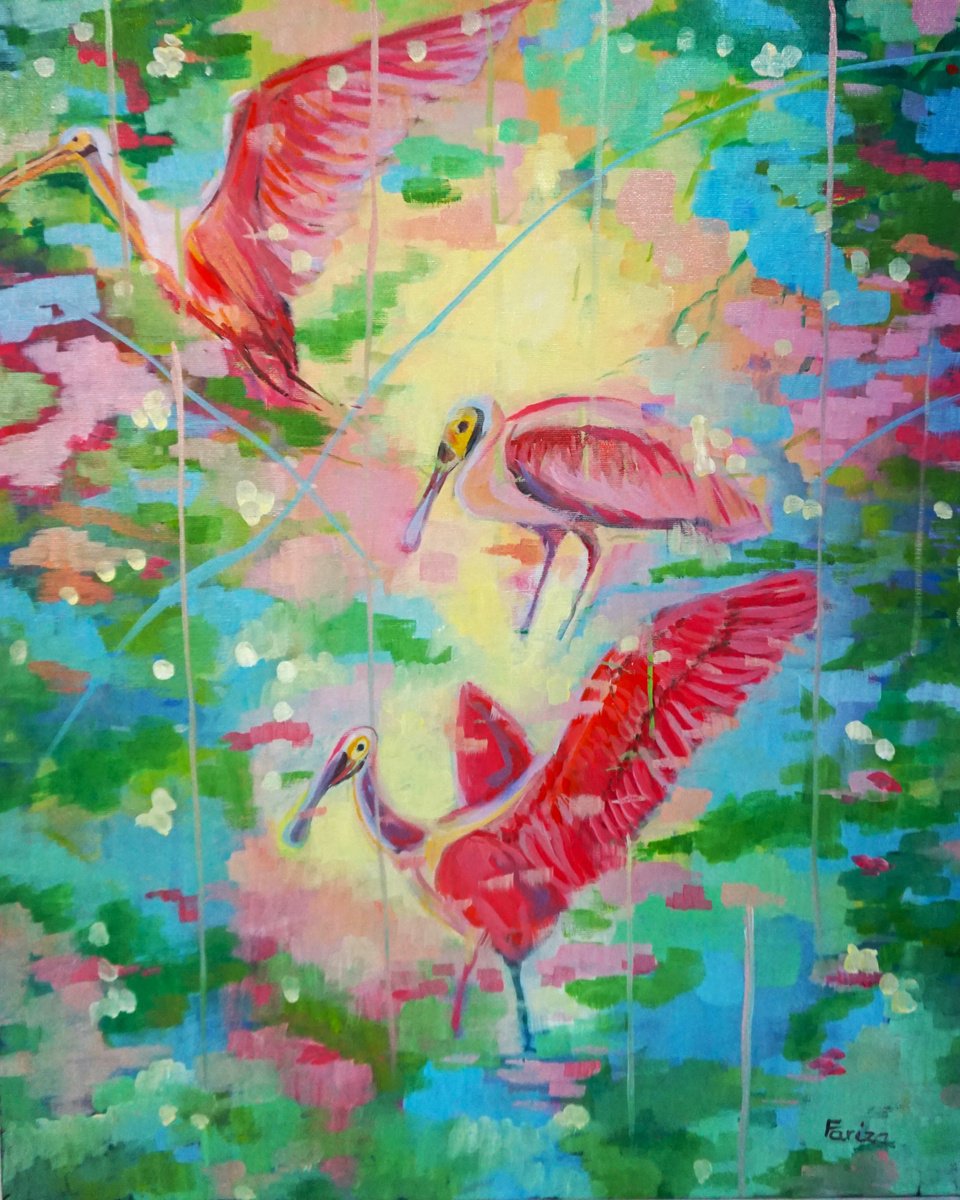 Impressionistic Animal Oil Painting By Amaya Fernandez Fariza, 24 X 28, Pink Birds, Original Artwork