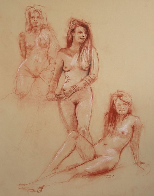 Three Nudes in Sanguine and Sepia by Talya Johnson