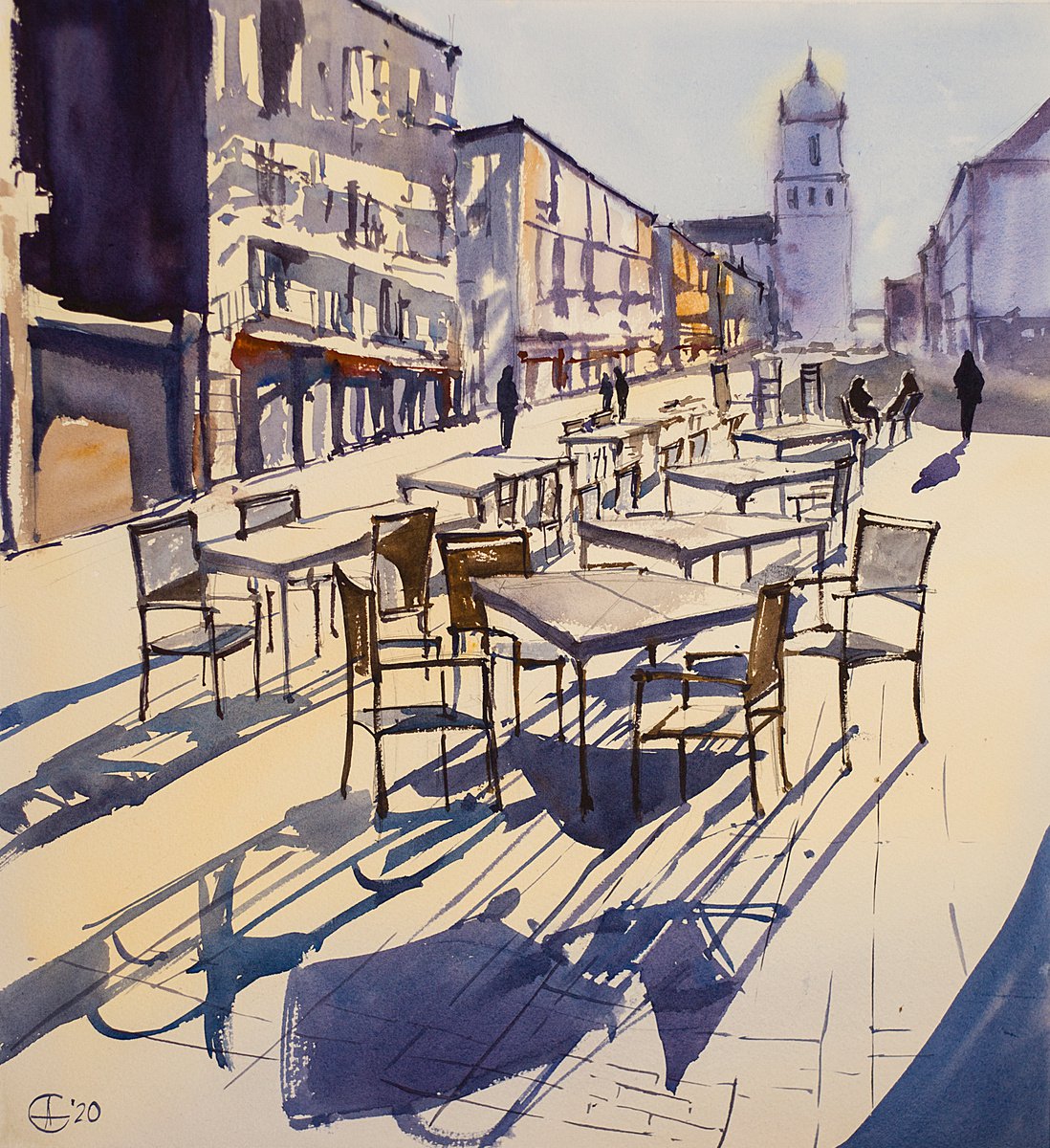 Salamanca. Sun and shadow. Street scene. Medium size original watercolor painting interior... by Sasha Romm