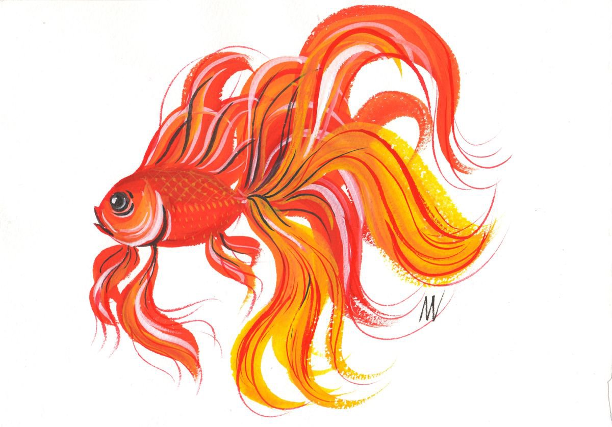 Gold Fish 07 - Gouache and ink original painting. by Mag Verkhovets